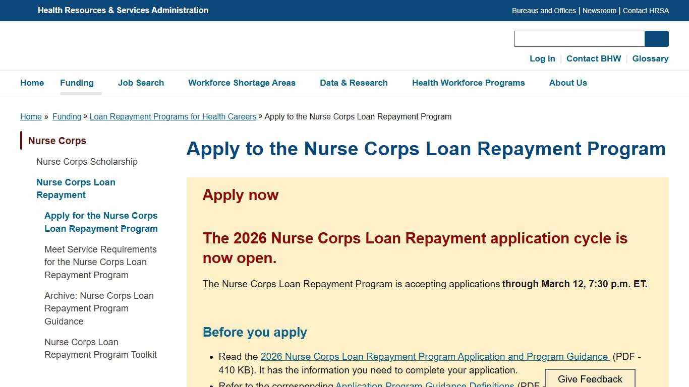 Apply to the Nurse Corps Loan Repayment Program Bureau of Health Workforce